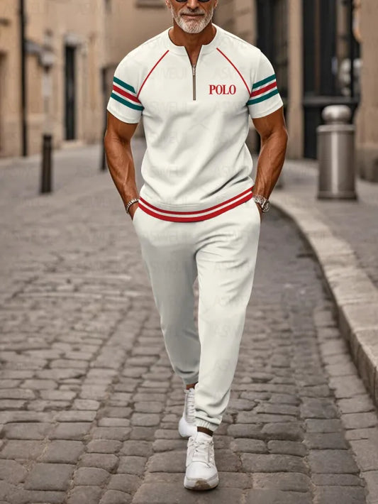 Zipper Short Sleeve Long Pants Two-Piece Set