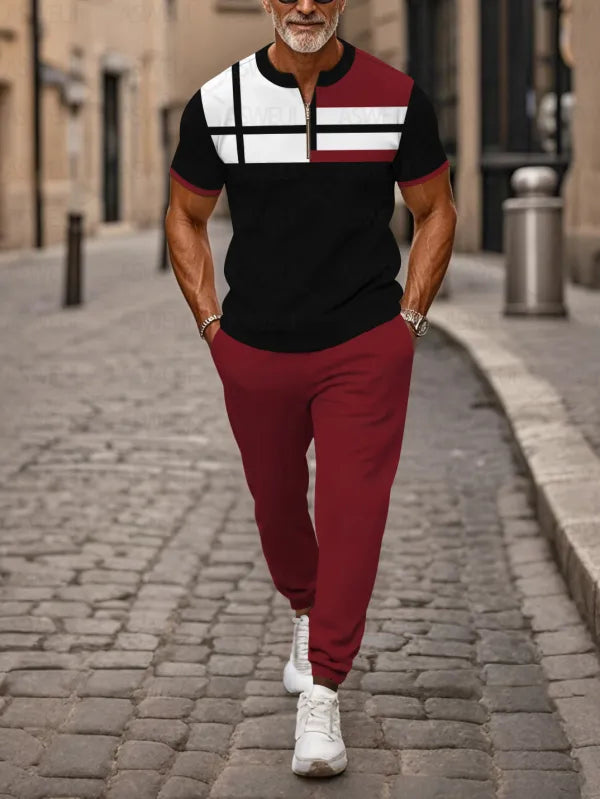 Zipper Short Sleeve Long Pants Two-Piece Set - DUVAL