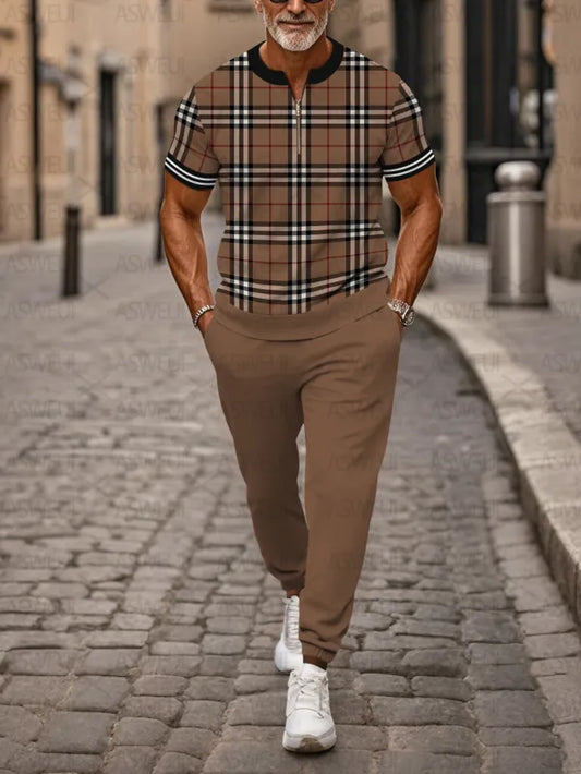 Zipper Short Sleeve Long Pants Two-Piece Set