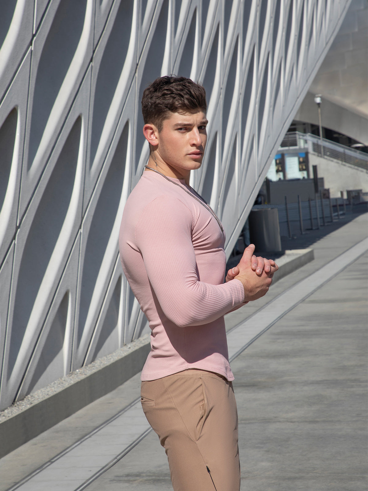 Muscle Fit V-Neck Long Sleeve Cotton Rib Knit Tech T-Shirt