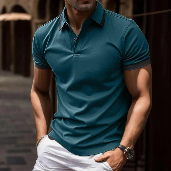 Contrasting Color Casual Button Short Sleeve Lapel Polo Shirt