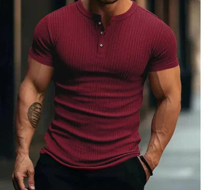 Casual Stretch Knit Short Sleeve Henley T-Shirt