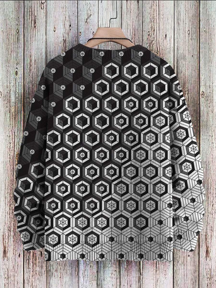 Men's Sweater Irregular Pattern White And Black Gradient Print Casual Knit Sweatshirt Sweater