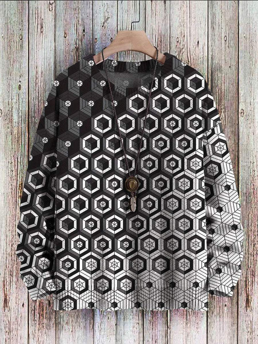 Men's Sweater Irregular Pattern White And Black Gradient Print Casual Knit Sweatshirt Sweater