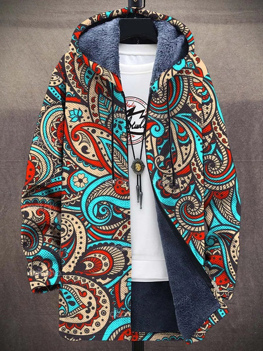 Men's Art Paisley Pattern Print Hooded Two-Pocket Fleece Cardigan Jacket