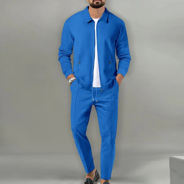 Solid Color Waffle Lapel Jacket And Pants Set