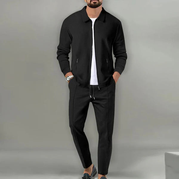 Solid Color Waffle Lapel Jacket And Pants Set