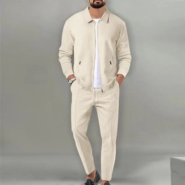 Solid Color Waffle Lapel Jacket And Pants Set