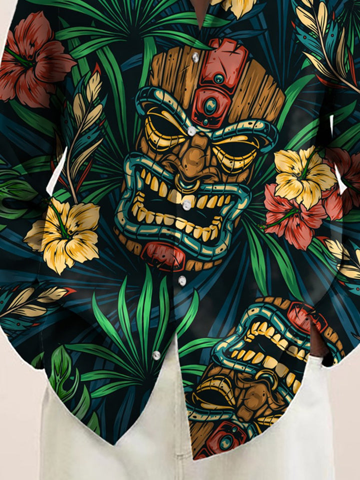 Vintage Casual Long Sleeve Shirt Tropical Tiki Print Button Shirt - DUVAL