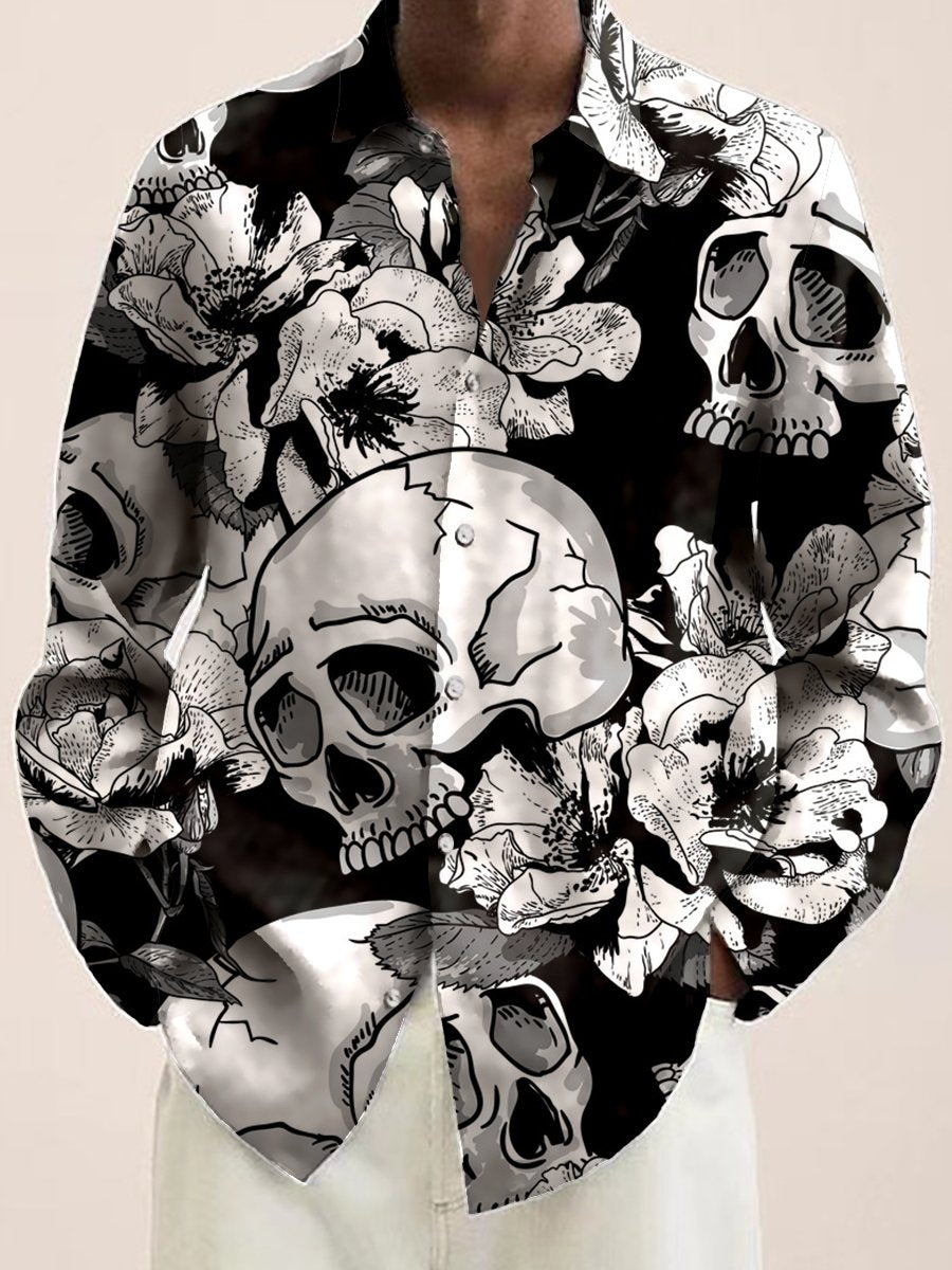Vintage Casual Long Sleeve Shirt Skull Floral Print Button Shirt - DUVAL