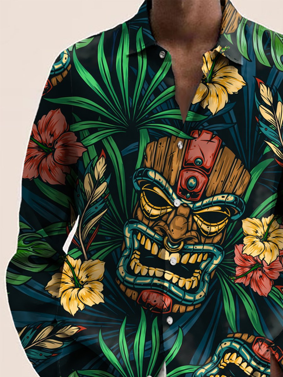 Vintage Casual Long Sleeve Shirt Tropical Tiki Print Button Shirt - DUVAL