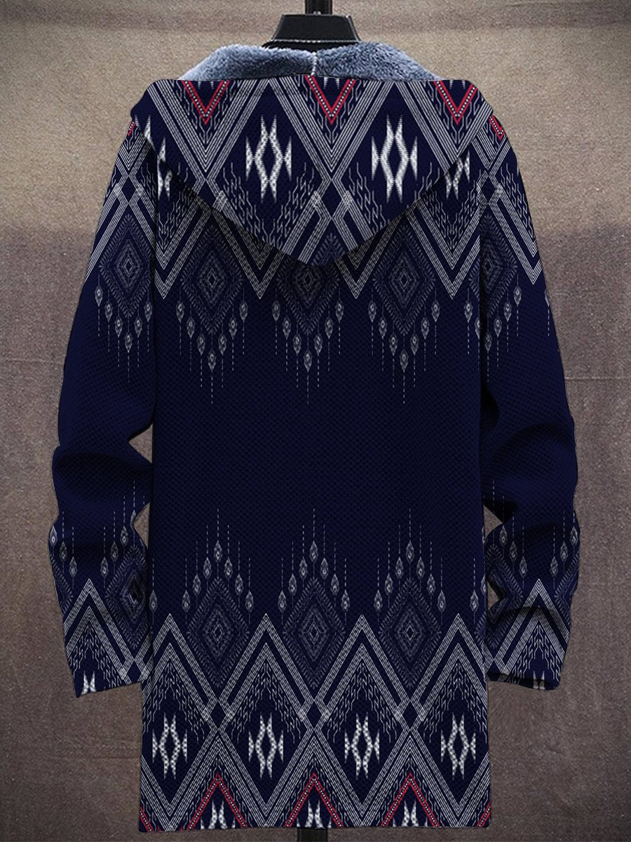 Men's Vintage Ethnic Geometric Print Hooded Two-Pocket Fleece Jacket