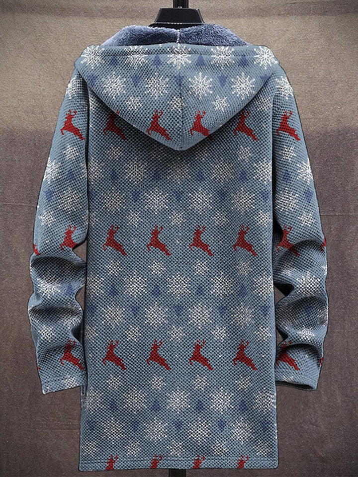 Christmas Elk Print Hooded Two-Pocket Fleece Cardigan Jacket - DUVAL
