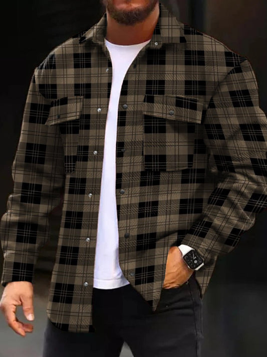 Men's Casual Jacket Fall Plaid Print Long Sleeve Pockets Jacket