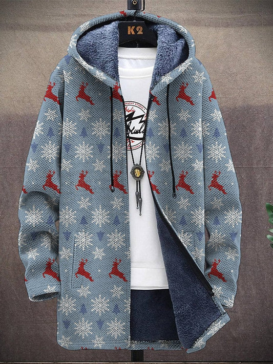 Men's Christmas Elk Print Hooded Two-Pocket Fleece Cardigan Jacket