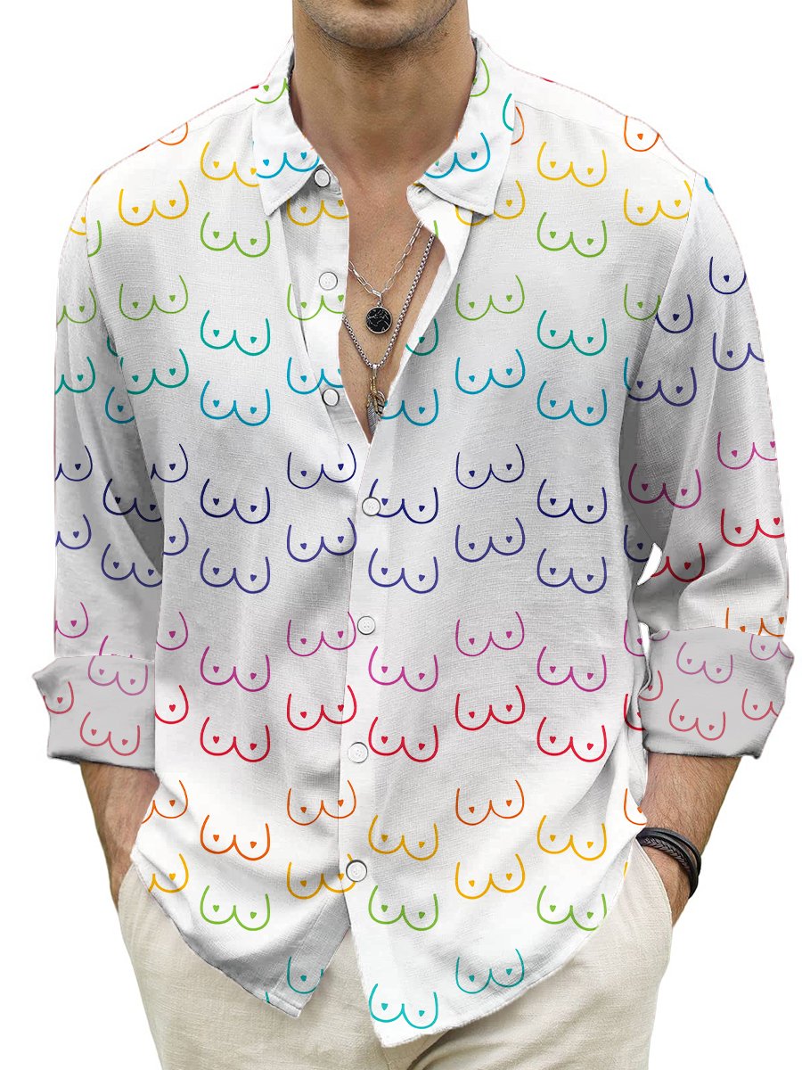Men's Casual Shirt Fun Sexy Boobs Print Turndown Long Sleeve Print Shirt