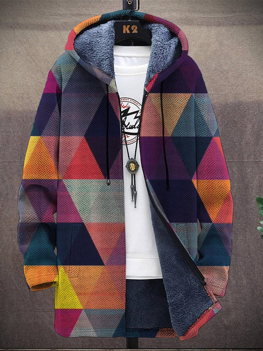 Men's Art Squares Print Hooded Two-Pocket Fleece Cardigan Jacket