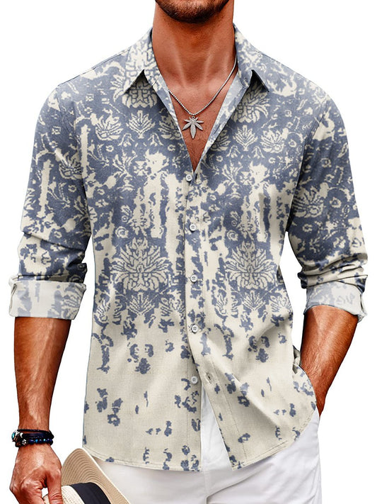Men's Casual Shirt Vintage Floral Print Turndown Long Sleeve Print Shirt