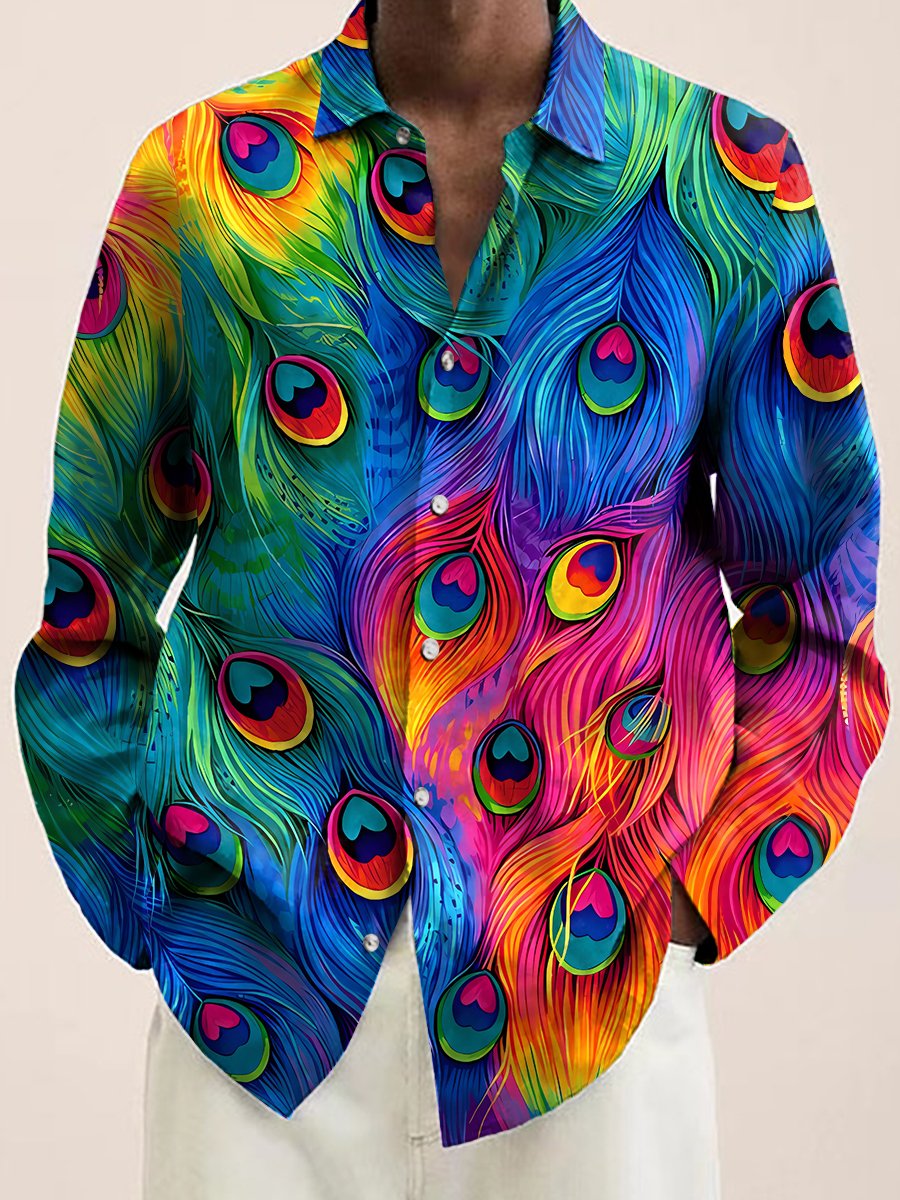 Men's Hawaiian Shirt Colorful Peacock Feathers Print Casual Vacation Oversized Long Sleeve Shirt