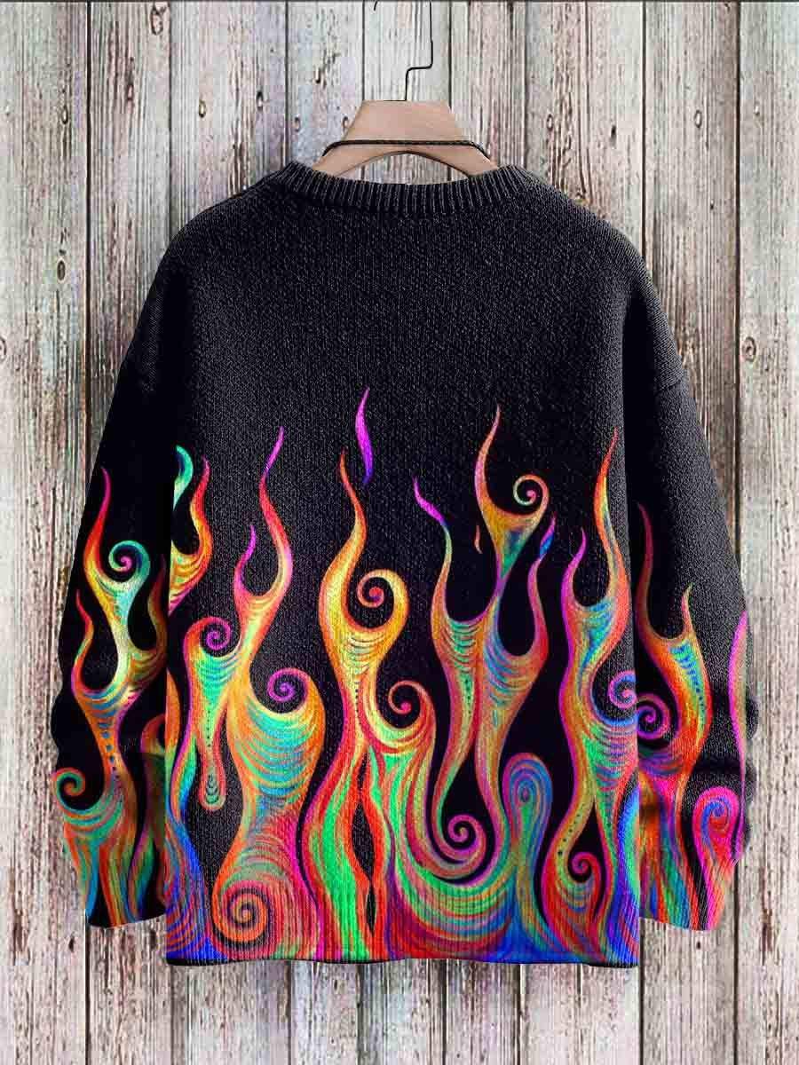 Men's Sweater Vintage Rainbow Flame Art Print Casual Knit Pullover Sweater