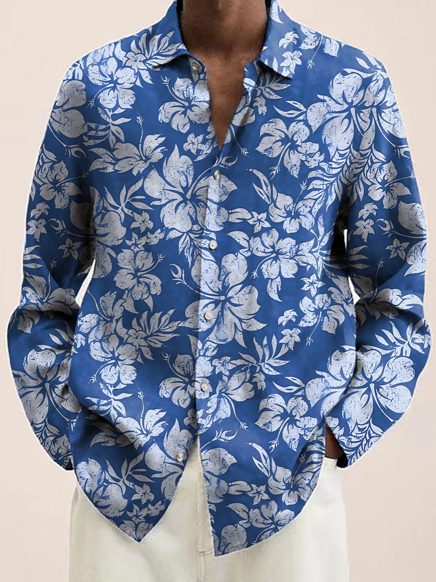 Men's Hawaiian Shirt Tropical Hibiscus Print Casual Vacation Oversized Long Sleeve Shirt