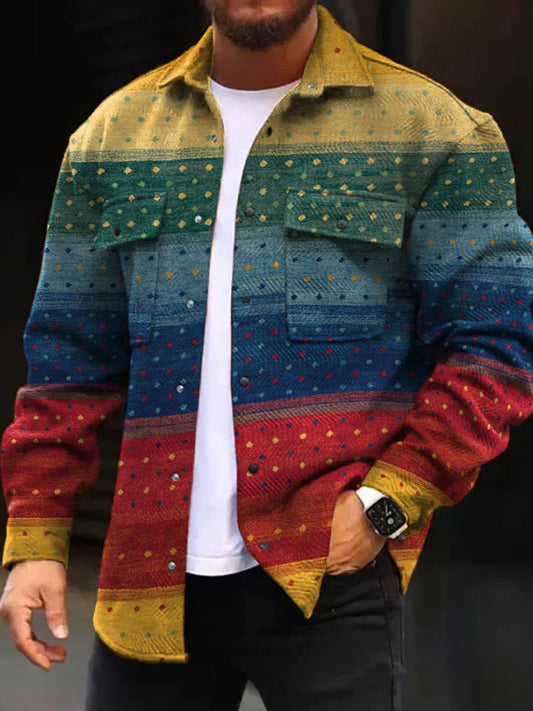 Men's Casual Jacket Stylish Vintage Multicolor Print Long Sleeve Pockets Coat