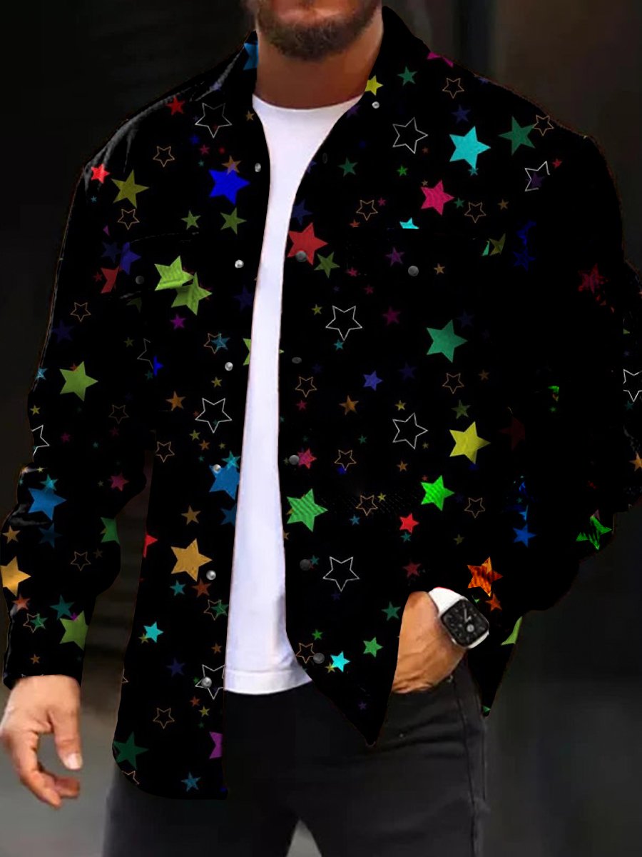 Casual Jacket Fashion Colorful Star Print Long Sleeve Pocket Jacket - DUVAL