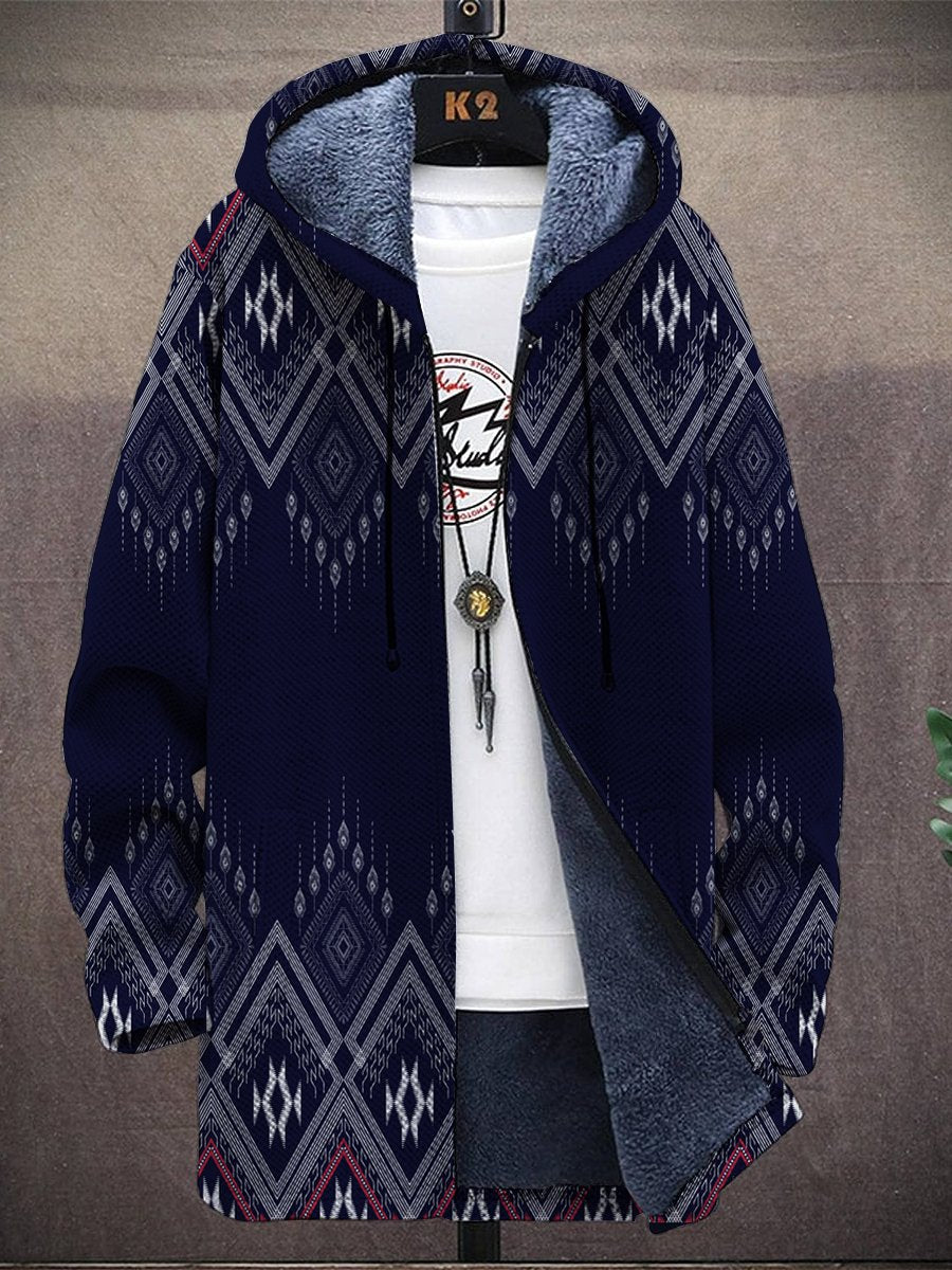 Vintage Ethnic Geometric Print Hooded Two-Pocket Fleece Jacket - DUVAL