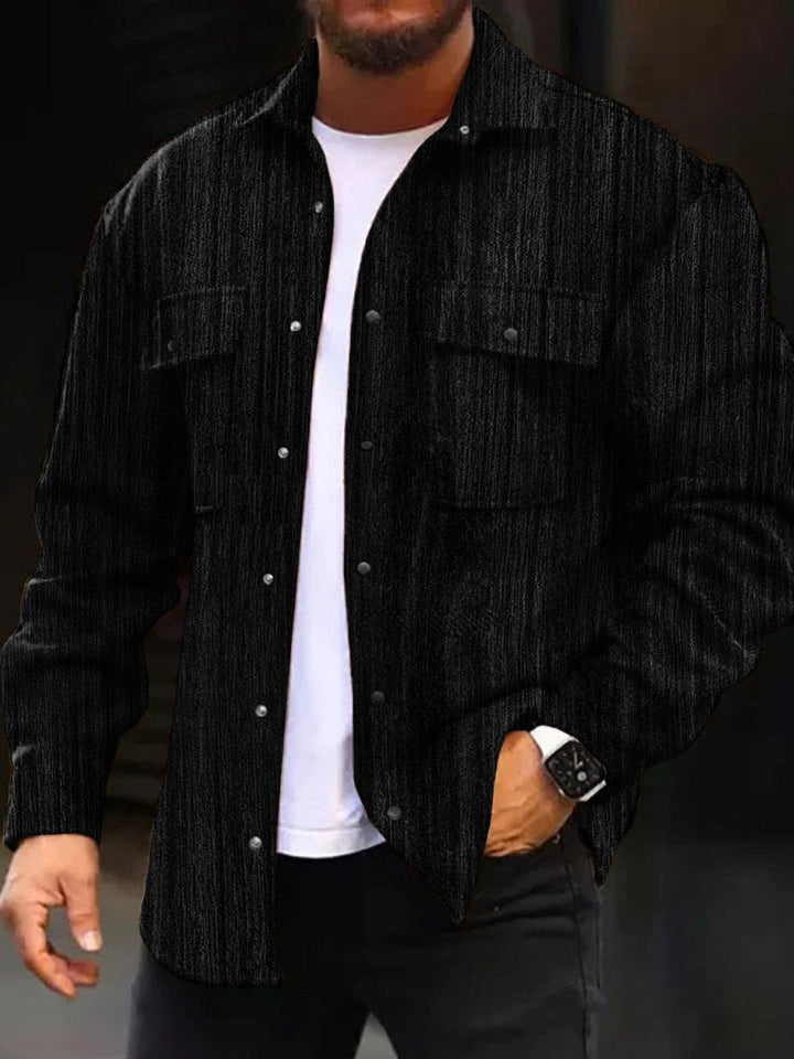 Casual Jacket Black Texture Print Long Sleeve Pockets Jacket - DUVAL
