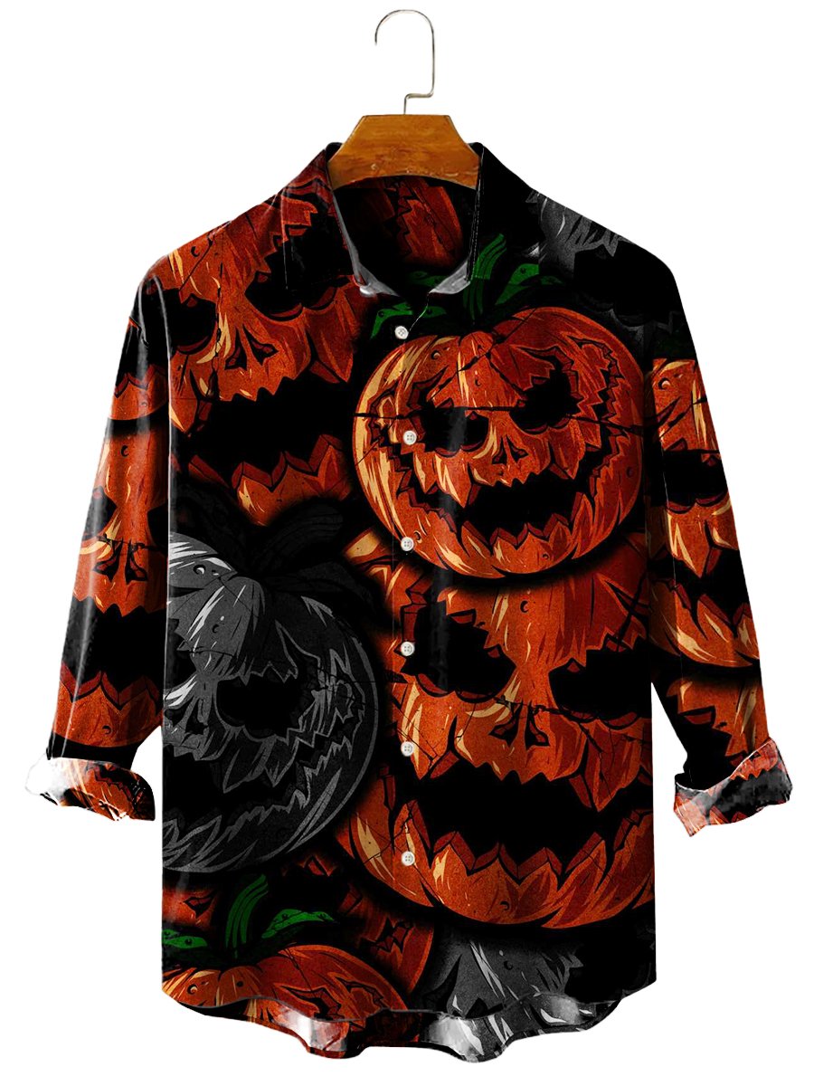 Halloween Pumpkin Print Casual Long Sleeve Shirt - DUVAL