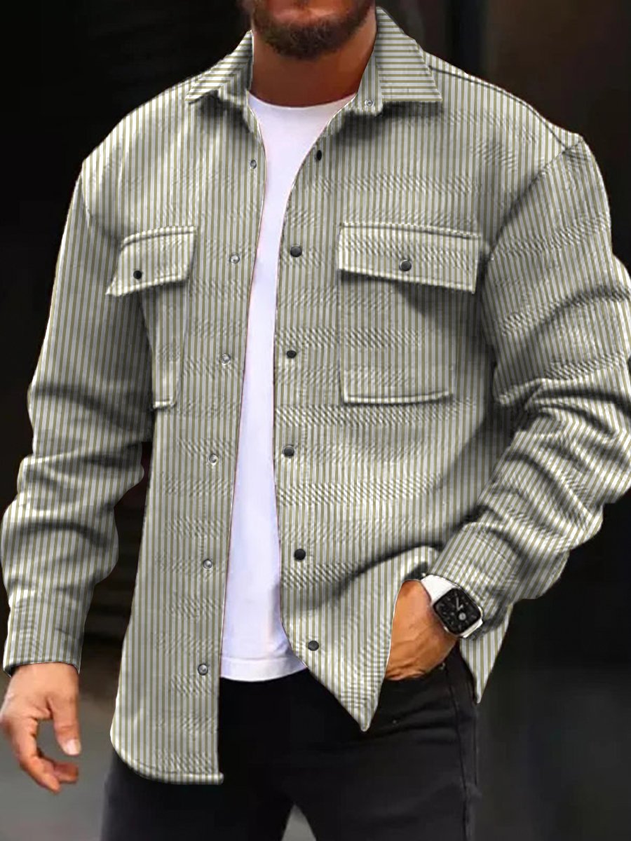 Men's Casual Jacket Stylish Simple Stripes Print Long Sleeve Pockets Jacket