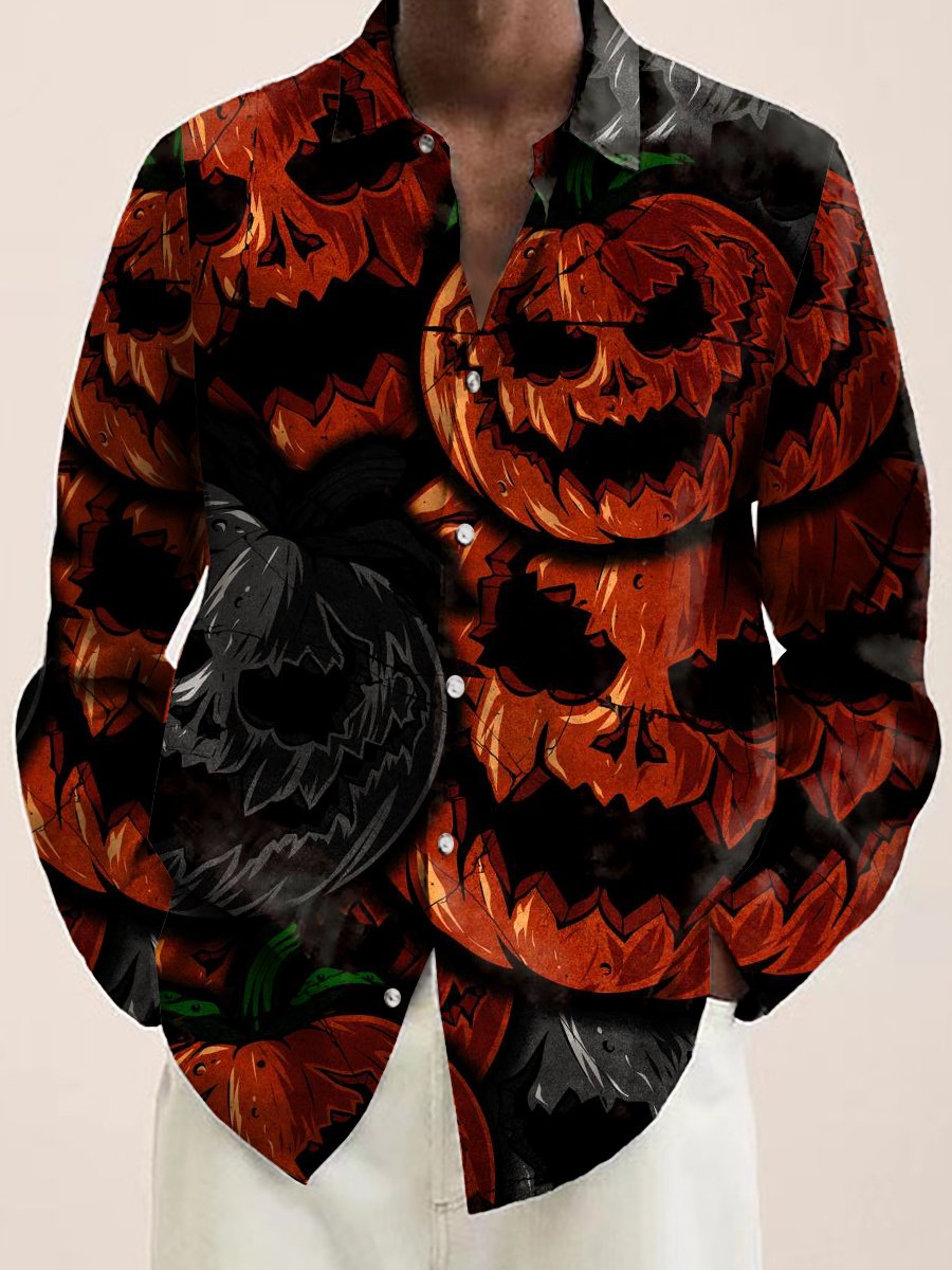 Halloween Pumpkin Print Casual Long Sleeve Shirt - DUVAL