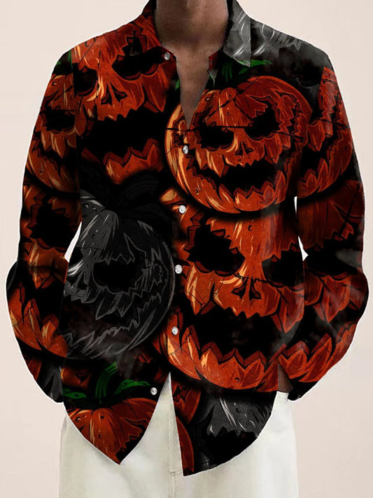 Men's Halloween Pumpkin Print Casual Long Sleeve Shirt