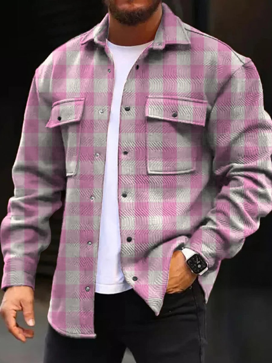Casual Jackets Doll Style Pink Plaid Long Sleeve Pocket Jacket - DUVAL