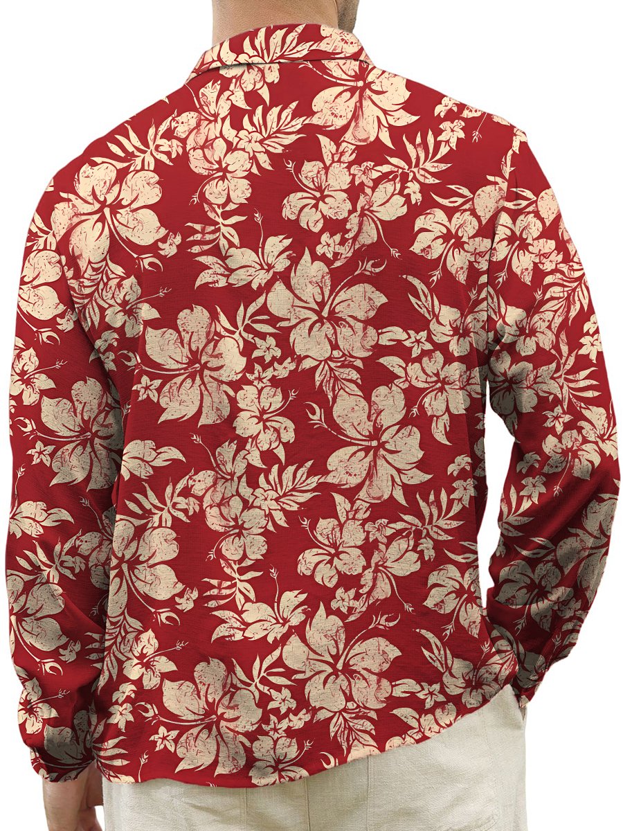 Men's Hawaiian Shirt Tropical Hibiscus Print Turndown Long Sleeve Print Shirt