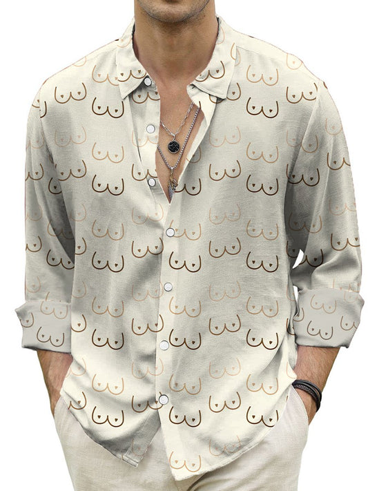 Men's Casual Shirt Fun Sexy Boobs Print Turndown Long Sleeve Print Shirt