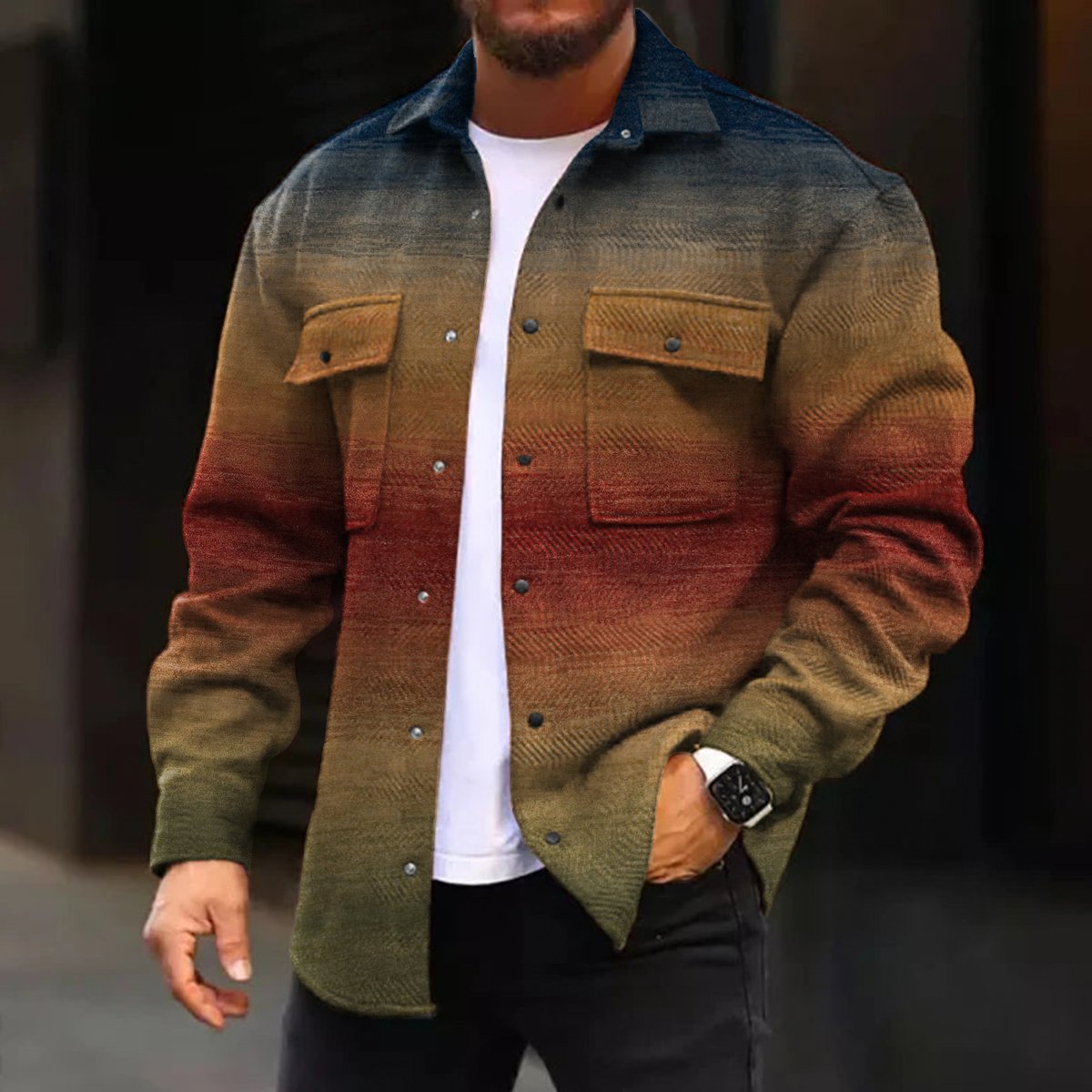 Men's Casual Jacket Ombre Print Long Sleeve Pockets Jacket