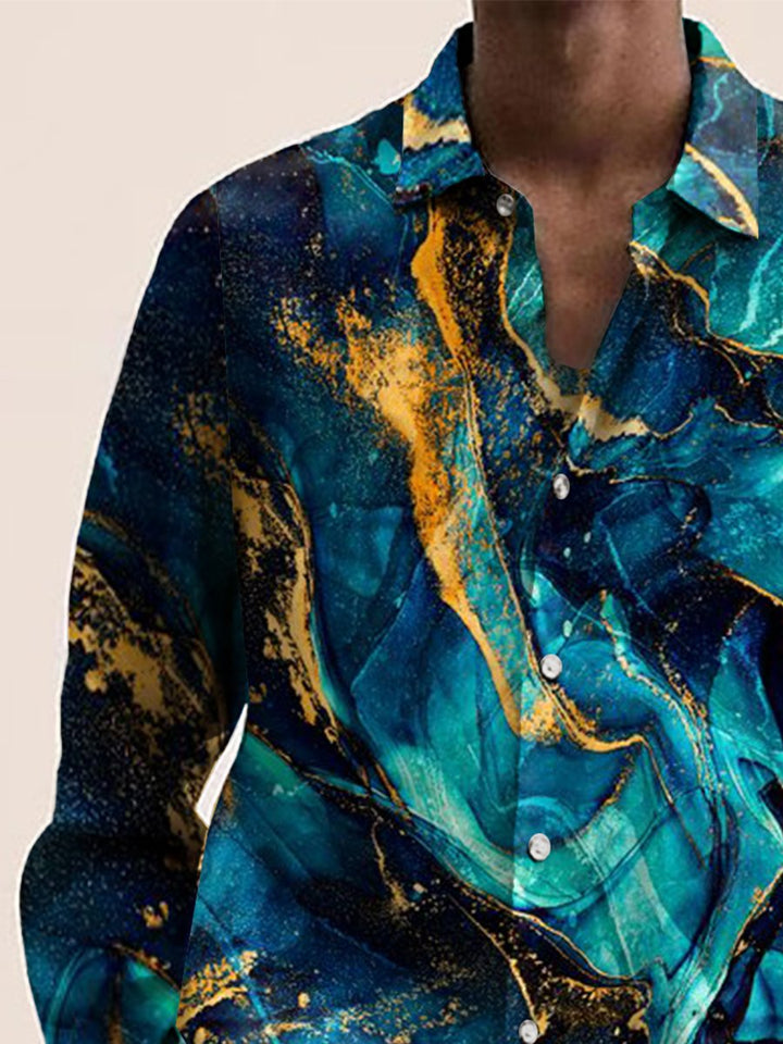 Casual Blue Marble Print Long Sleeve Shirt - DUVAL