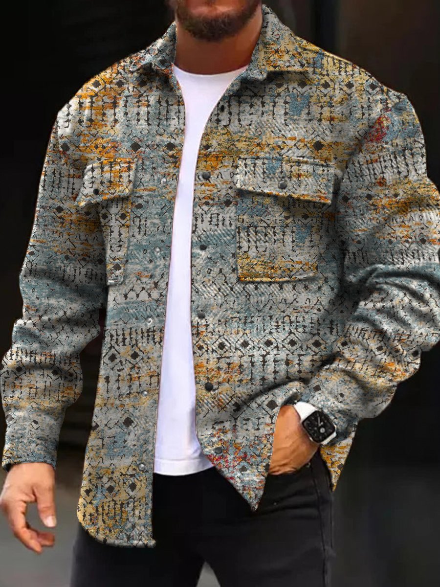 Casual Jacket Stylish Vintage Geometric Print Long Sleeve Pockets Jacket - DUVAL