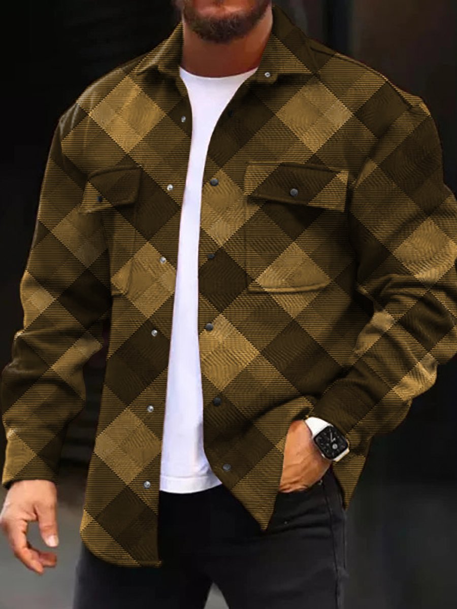 Men's Casual Jacket Stylish Plaid Print Long Sleeve Pockets Jacket