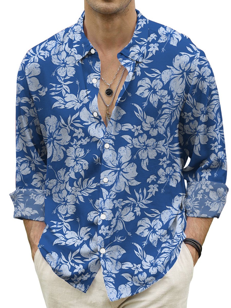 Men's Hawaiian Shirt Tropical Hibiscus Print Turndown Long Sleeve Print Shirt