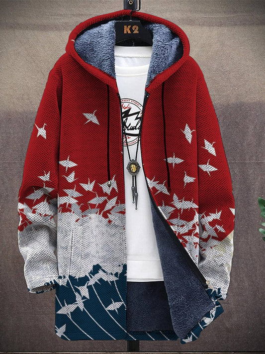 Men's Japanese Style Paper Crane Print Hooded Two-Pocket Fleece Cardigan Jacket