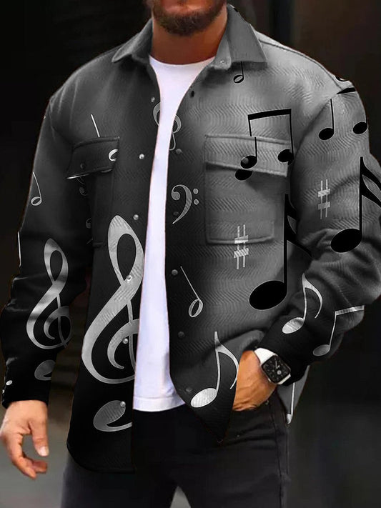Men's Casual Jacket Fashion Musical Note Print Long Sleeve Pocket Jacket
