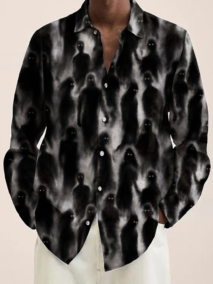 Darkness Ghost Print Button Down Long Sleeve Halloween Shirt - DUVAL