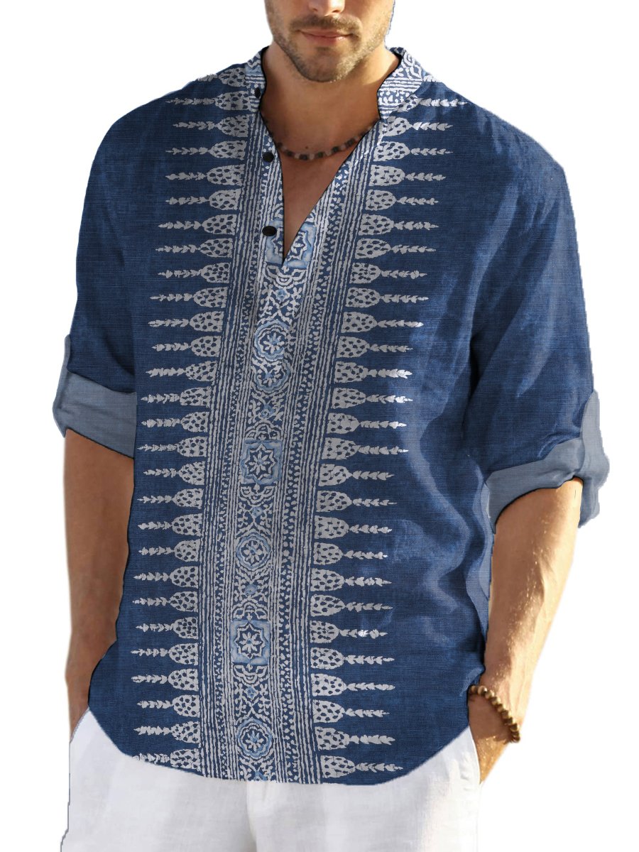Casual Shirt Vintage Print Button Down Long Sleeve Henley Shirt - DUVAL