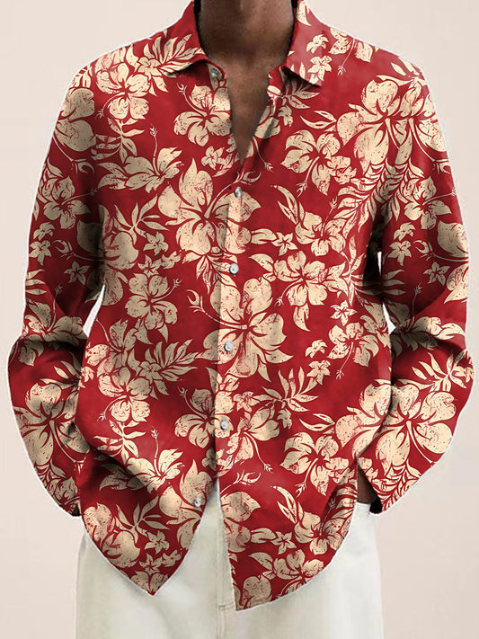 Men's Hawaiian Shirt Tropical Hibiscus Print Casual Vacation Oversized Long Sleeve Shirt