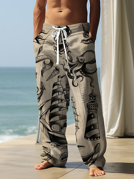 Men's Casual Pants Vintage Nautical Boat Mermaid Print Pants