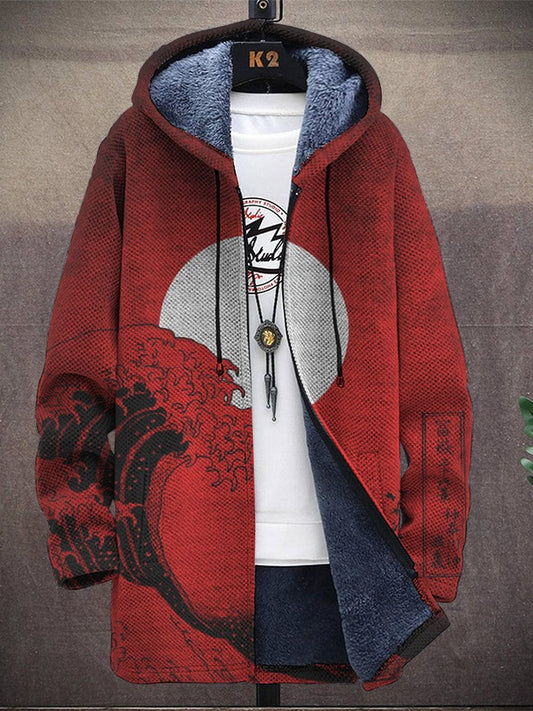 Men's Japanese Style Print Hooded Two-Pocket Fleece Cardigan Jacket