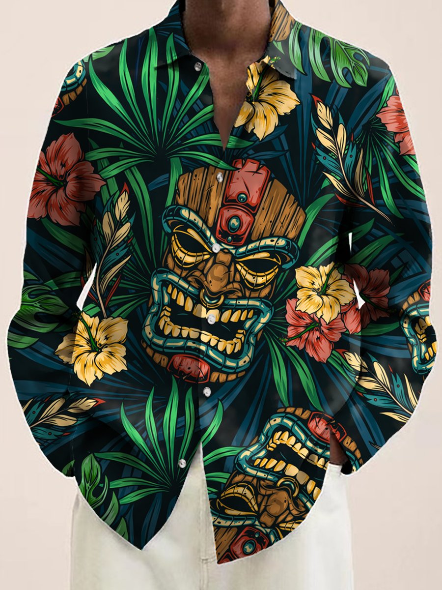 Vintage Casual Long Sleeve Shirt Tropical Tiki Print Button Shirt - DUVAL