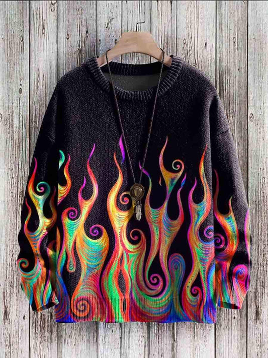 Men's Sweater Vintage Rainbow Flame Art Print Casual Knit Pullover Sweater